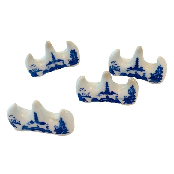 Vintage Chop Stick Rest Stand White Porcelain with Blue Detail Set of 4 - Picture 5 of 6